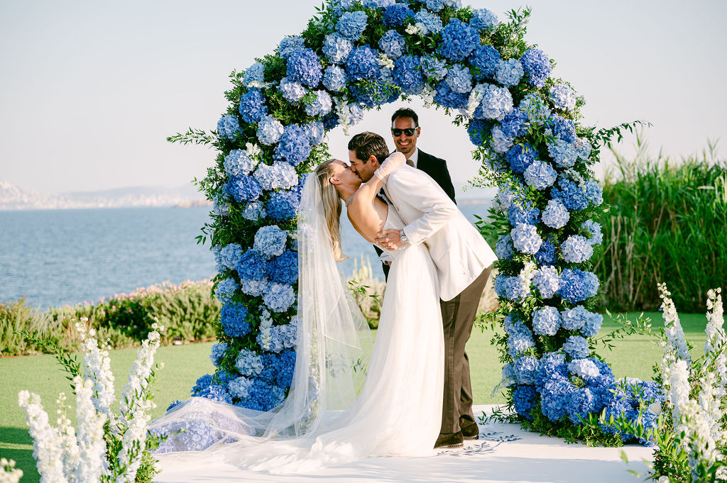 Wedding in Greece, Event planner in Greece, Event planner in Athens, Wedding in Athens, Destination wedding in Greece, Best event planners in Greece, Luxury wedding in Athenian Riviera, Wedding flowers, Wedding party, Wedding Reception, Hydrangeas weddings, Blue Hydrangeas wedding, Tulips wedding, Blue wedding in Athens, Floral design, All blue wedding, Wedding ceremony arch, Fairy lights canopy, Island Art & Taste