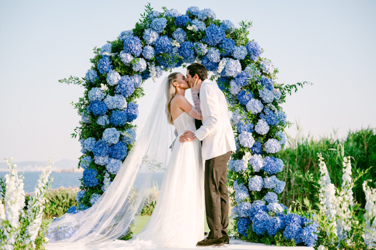 Wedding in Greece, Event planner in Greece, Event planner in Athens, Wedding in Athens, Destination wedding in Greece, Best event planners in Greece, Luxury wedding in Athenian Riviera, Wedding flowers, Wedding party, Wedding Reception, Hydrangeas weddings, Blue Hydrangeas wedding, Tulips wedding, Blue wedding in Athens, Floral design, All blue wedding, Wedding ceremony arch, Fairy lights canopy, Island Art & Taste