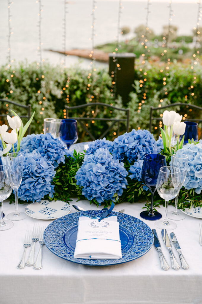 Wedding in Greece, Event planner in Greece, Event planner in Athens, Wedding in Athens, Destination wedding in Greece, Best event planners in Greece, Luxury wedding in Athenian Riviera, Wedding flowers, Wedding party, Wedding Reception, Hydrangeas weddings, Blue Hydrangeas wedding, Tulips wedding, Blue wedding in Athens, Floral design, All blue wedding, Wedding ceremony arch, Fairy lights canopy, Island Art & Taste