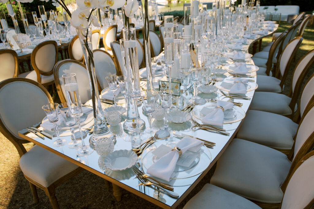 Wedding in Greece, Event planner in Greece, Event planner in Athens, Wedding in Athens, Destination wedding in Greece, Best event planners in Greece, Luxury wedding in Athenian Riviera, Wedding flowers, Wedding party, Wedding Reception, Lake Vouliagmeni, Mirrors, Orchids wedding, All white wedding in Athens, Floral design