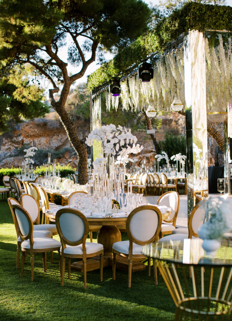 Wedding in Greece, Event planner in Greece, Event planner in Athens, Wedding in Athens, Destination wedding in Greece, Best event planners in Greece, Luxury wedding in Athenian Riviera, Wedding flowers, Wedding party, Wedding Reception, Lake Vouliagmeni, Mirrors, Orchids wedding, All white wedding in Athens, Floral design